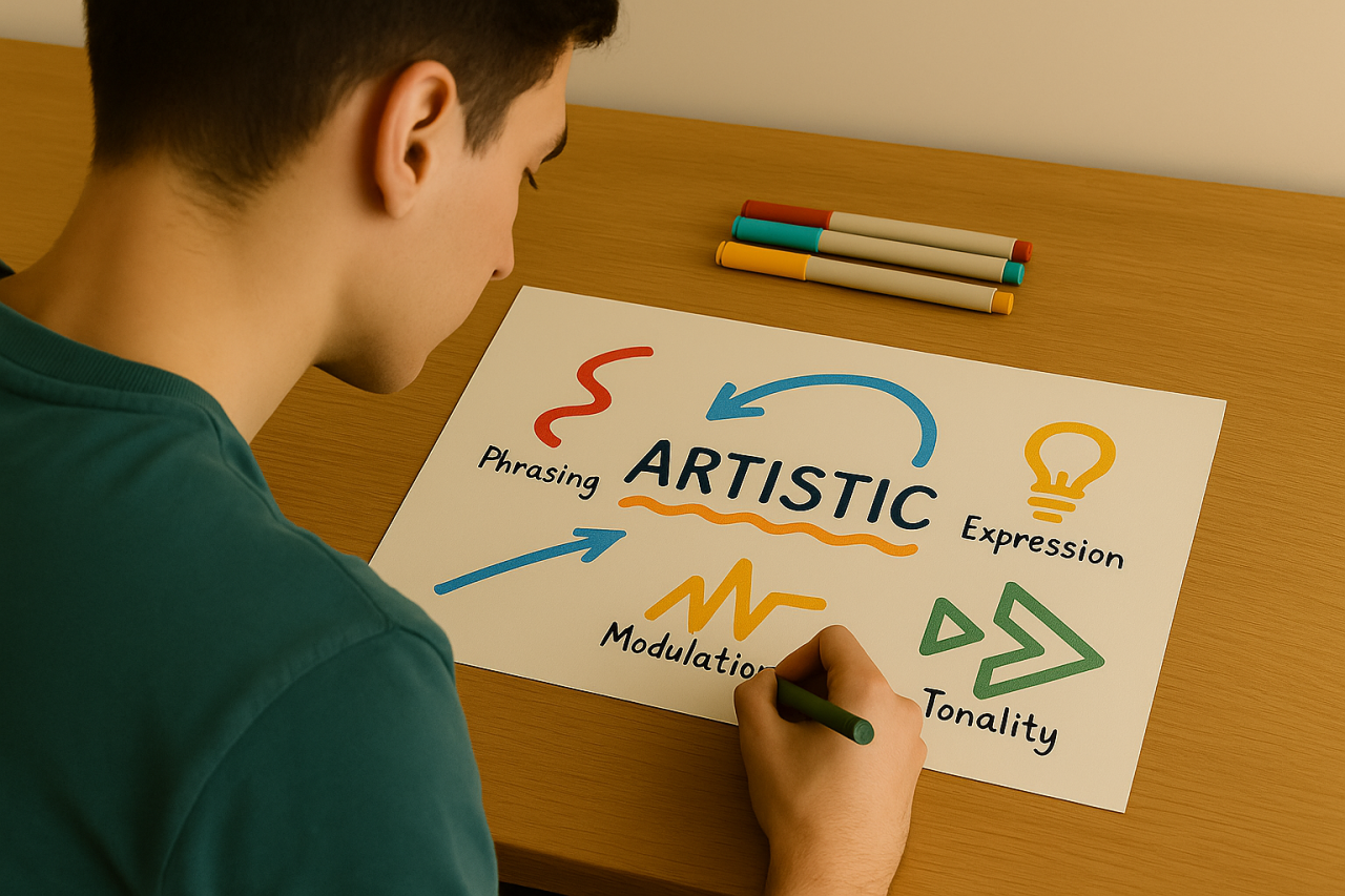 male student's wordless study notes with colourful shapes and arrows symbolizing phrasing, modulation, and tonality in music